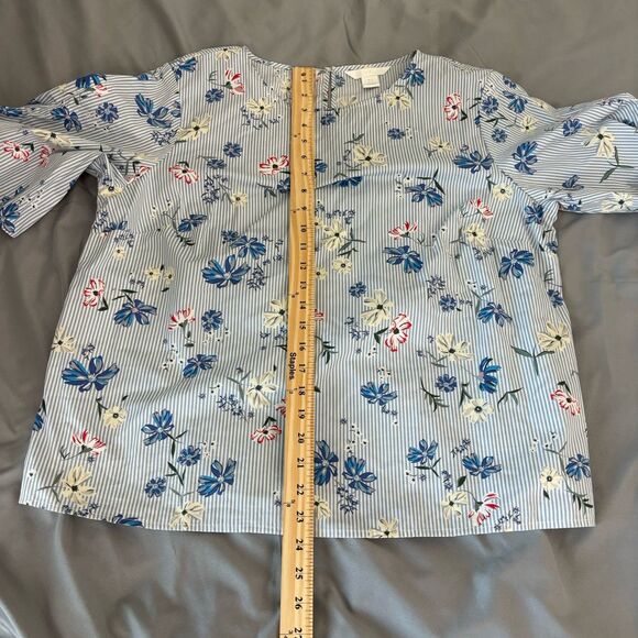 H&M Pinstripe Floral Tie Sleeve Blouse Womens Size 14 100% Cotton Short Sleeve - Picture 7 of 7